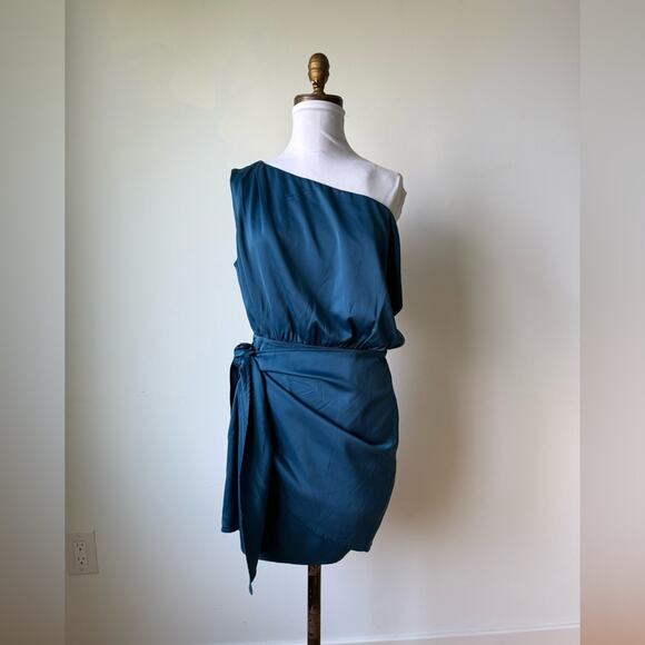 LULUS ELEGANR POISE DARK TEAL BLUE SATIN ASYMMETRICAL TIE FRONT DRESS SMALL - Picture 3 of 9